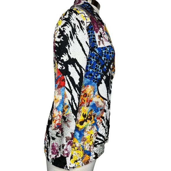Alberto Malaki blouse size medium colorful long sleeve collar crinkle stretch ab - Picture 7 of 13